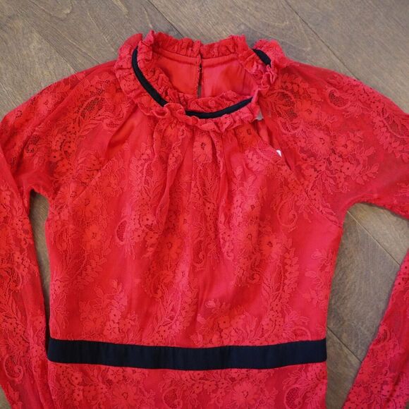 Romantic Three Floor Split Tease Cutout Long Sleeve Floral Lace Maxi Dress Red 8 - Picture 14 of 16